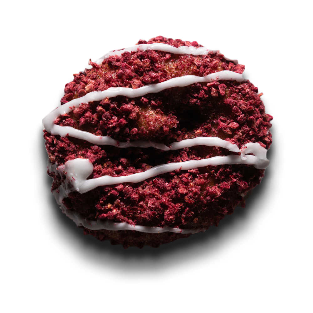 raspberry pucker - Don’t fall off the donut wagon! This donut will bring you back from the skids with cheesecake icing and real raspberry dust!